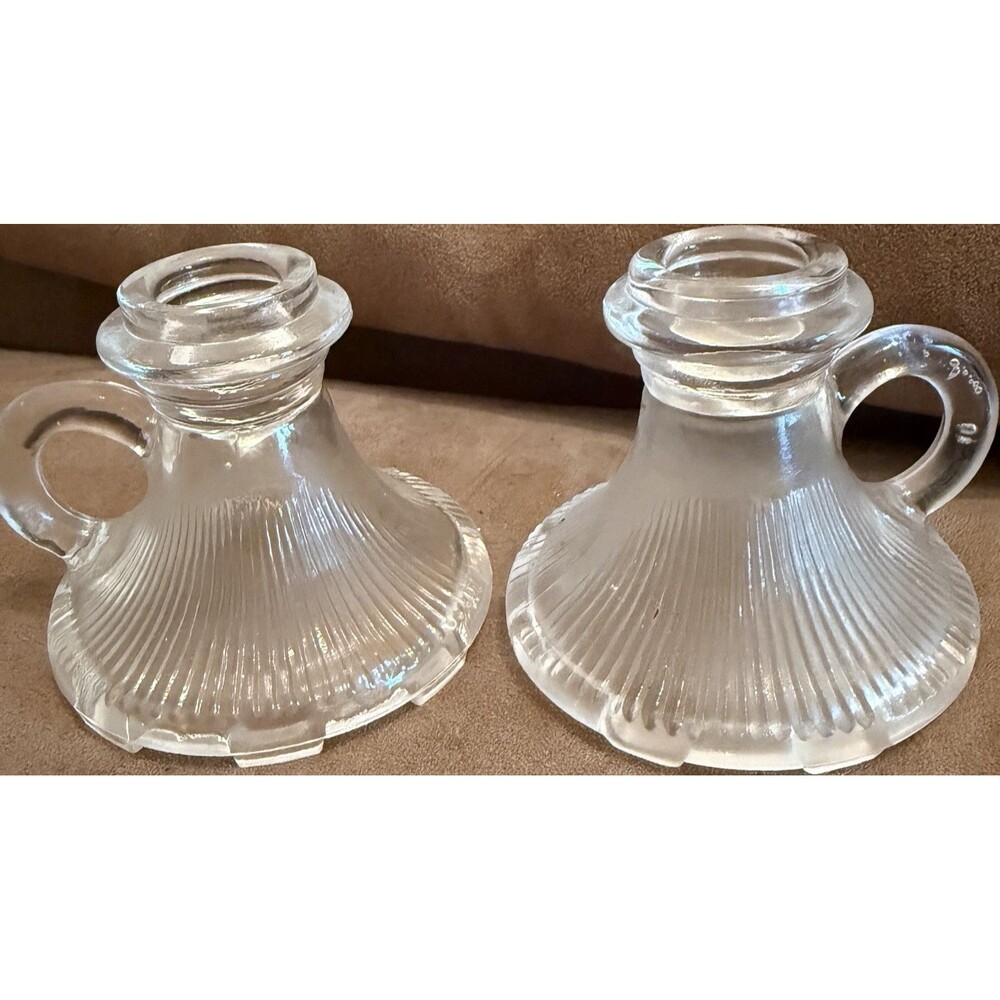 Vintage Set of 2 Clear Ribbed Glass Candle Holders w/ Loop Handles 3 in Tall
